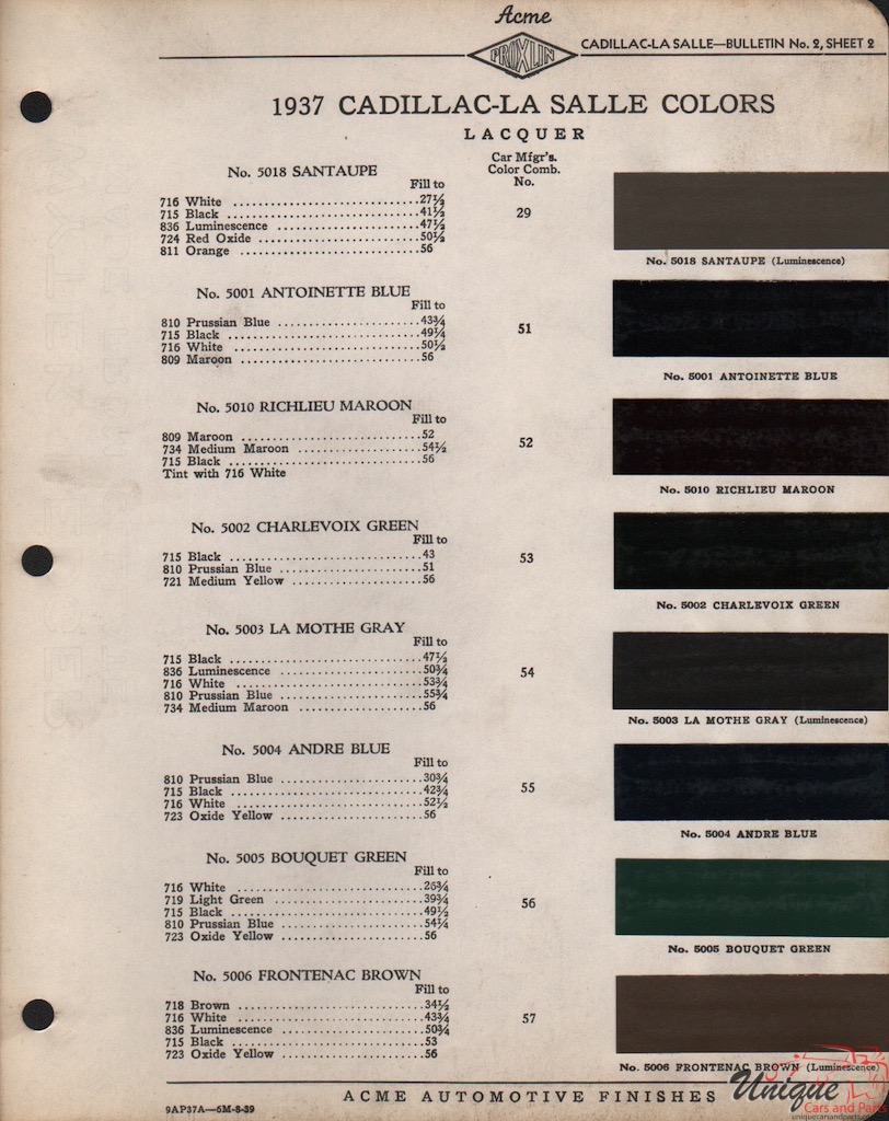 1937 Cadillac Paint Charts Acme 2